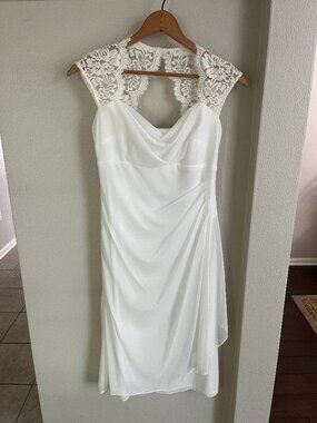 DB Studio Mesh Midi Wedding Dress with Lace Cap Sleeves & Keyhole Back (Altered)